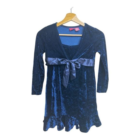 Thalia Sodi Girls Blue Velvet Party Dress Size 10-12 with Satin Bow Good Condit - Picture 1 of 5